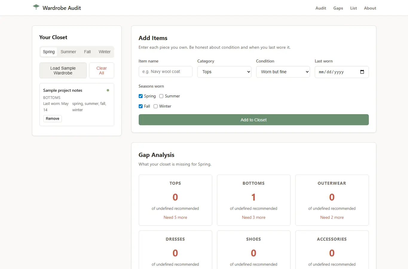 Screenshot of Seasonal Wardrobe Audit interface showing the project page in use